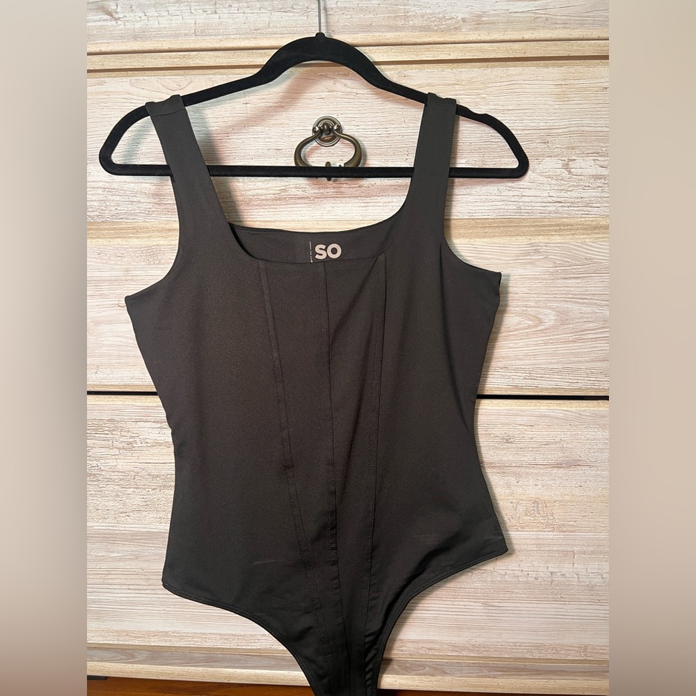 So Classic Square Neck silky spandex black bodysuit.